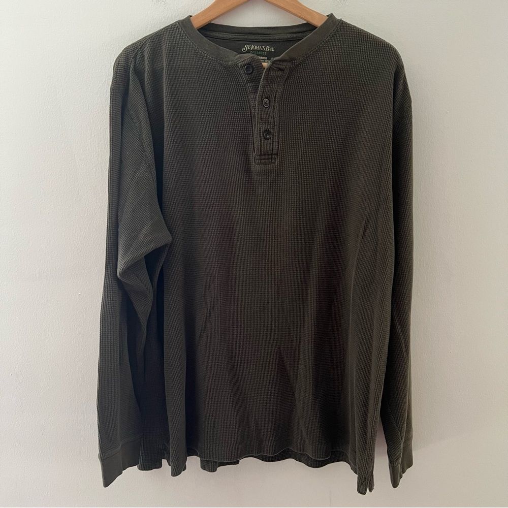 Green Dexter Henley Waffle Knit Thermal Organic Cotton Olive Size Large